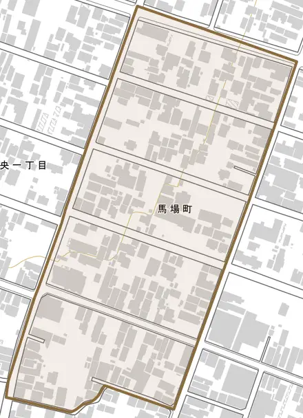 馬場町とその周辺の地図。町の範囲を重ねている