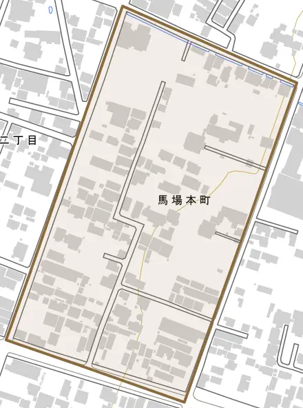 馬場本町とその周辺の地図。町の範囲を重ねている