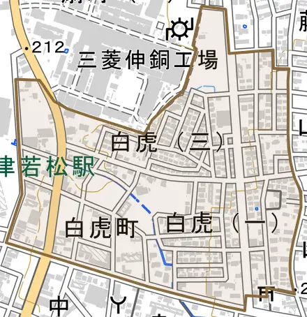 白虎町とその周辺の地図。町の範囲を重ねている