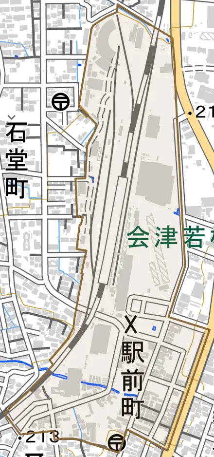 駅前町とその周辺の地図。町の範囲を重ねている