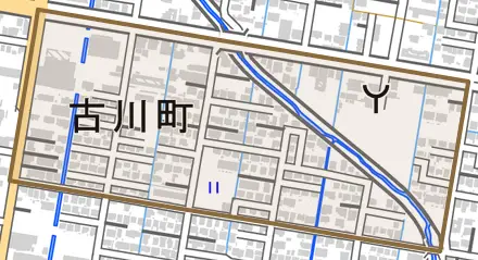 古川町とその周辺の地図。町の範囲を重ねている