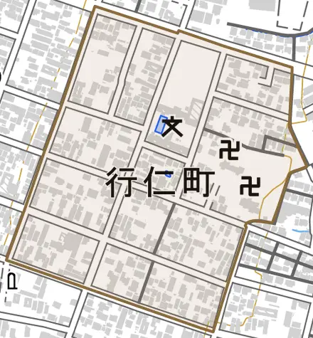 行仁町とその周辺の地図。町の範囲を重ねている