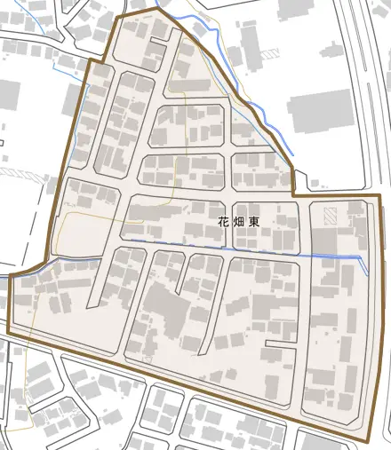 花畑東とその周辺の地図。町の範囲を重ねている