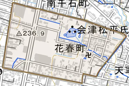 花春町とその周辺の地図。町の範囲を重ねている