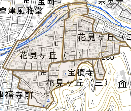 花見ケ丘とその周辺の地図。町の範囲を重ねている