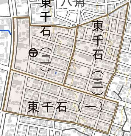 東千石とその周辺の地図。町の範囲を重ねている