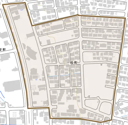 桧町とその周辺の地図。町の範囲を重ねている