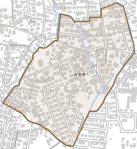 日吉町とその周辺の地図。町の範囲を重ねている