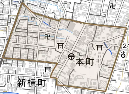 本町とその周辺の地図。町の範囲を重ねている