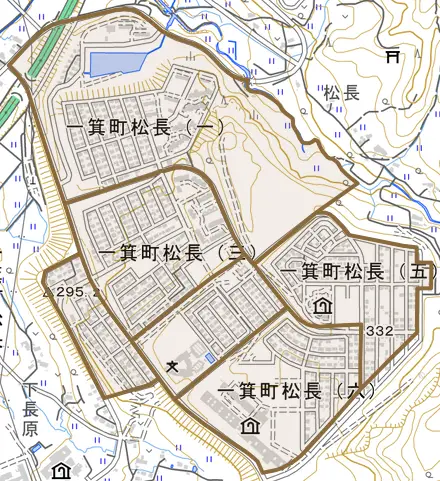 一箕町松長とその周辺の地図。町の範囲を重ねている