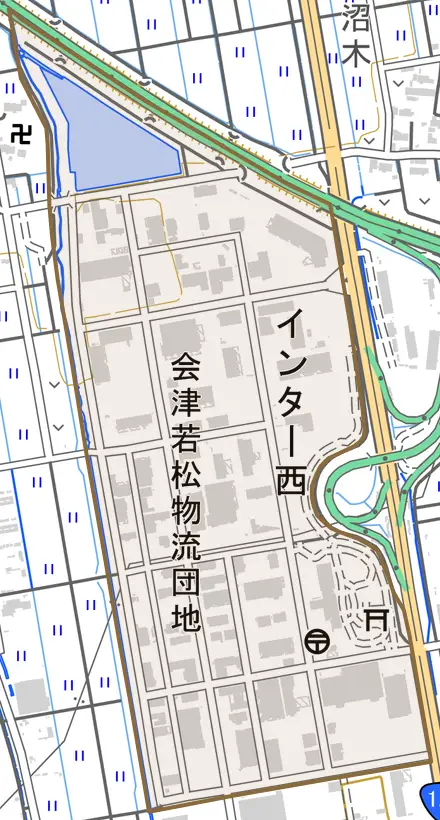 インター西とその周辺の地図。町の範囲を重ねている