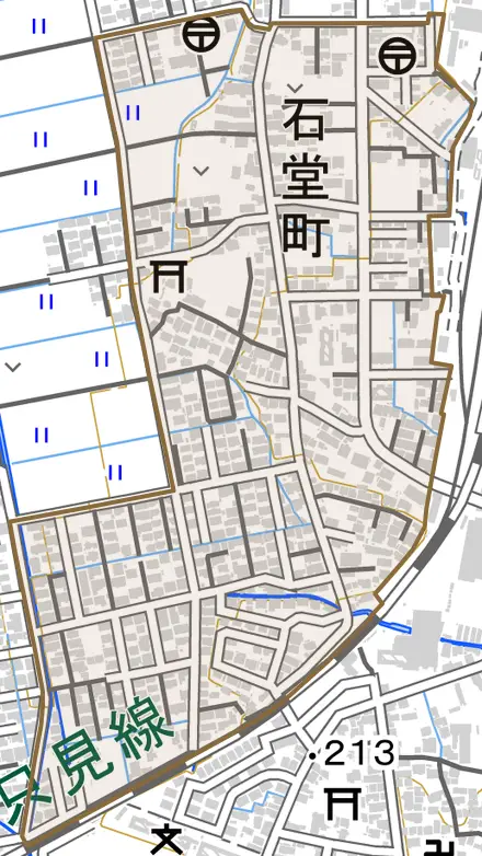 石堂町とその周辺の地図。町の範囲を重ねている