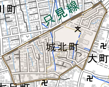 城北町とその周辺の地図。町の範囲を重ねている