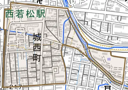 城西町とその周辺の地図。町の範囲を重ねている
