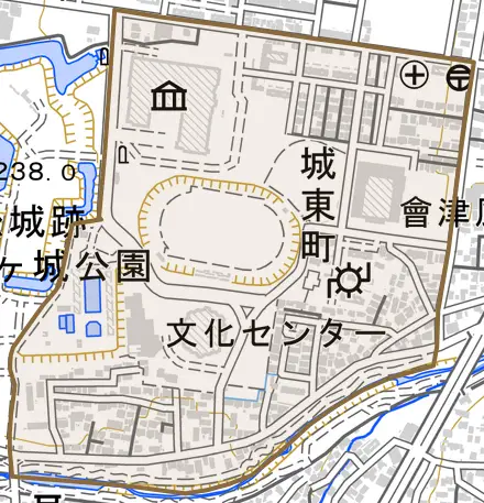 城東町とその周辺の地図。町の範囲を重ねている