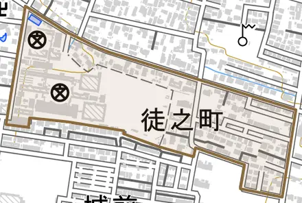 徒之町とその周辺の地図。町の範囲を重ねている