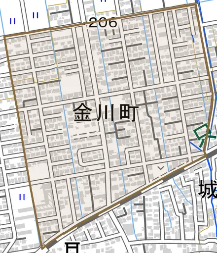 金川町とその周辺の地図。町の範囲を重ねている
