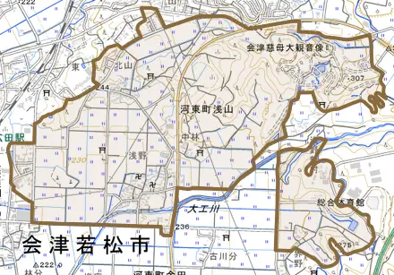 河東町浅山とその周辺の地図。町の範囲を重ねている