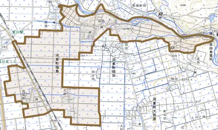 河東町福島とその周辺の地図。町の範囲を重ねている