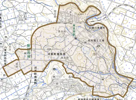 河東町東長原とその周辺の地図。町の範囲を重ねている