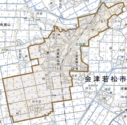 河東町広田とその周辺の地図。町の範囲を重ねている