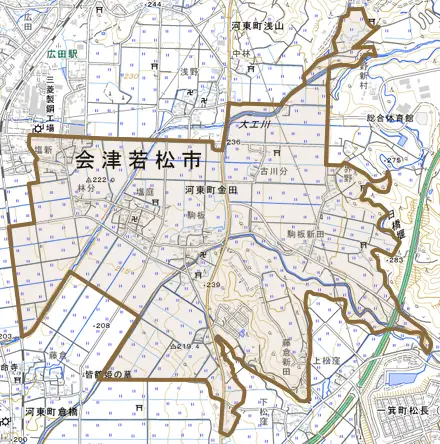 河東町金田とその周辺の地図。町の範囲を重ねている