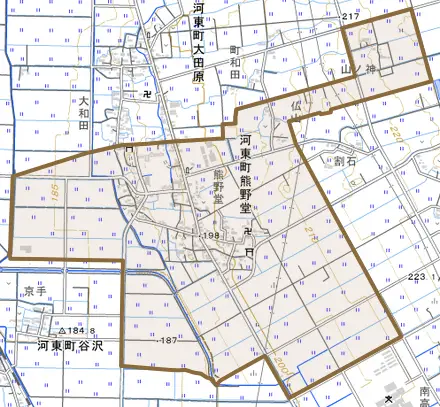 河東町熊野堂とその周辺の地図。町の範囲を重ねている
