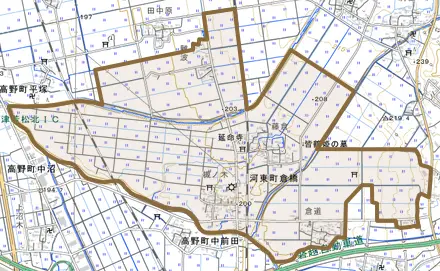河東町倉橋とその周辺の地図。町の範囲を重ねている
