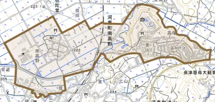 河東町南高野とその周辺の地図。町の範囲を重ねている