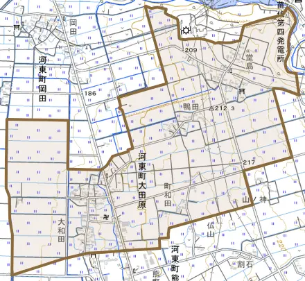 河東町大田原とその周辺の地図。町の範囲を重ねている
