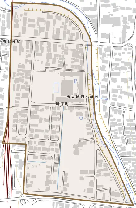 川原町とその周辺の地図。町の範囲を重ねている