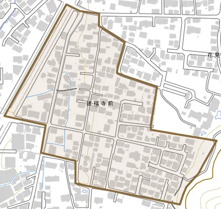 建福寺前とその周辺の地図。町の範囲を重ねている