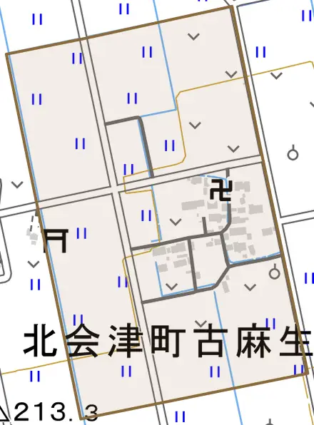 北会津町古麻生とその周辺の地図。町の範囲を重ねている