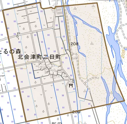 北会津町二日町とその周辺の地図。町の範囲を重ねている
