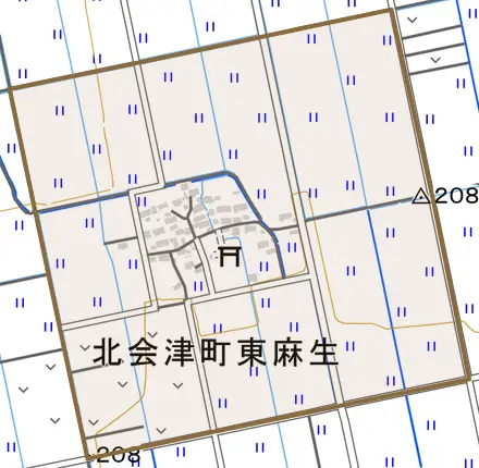 北会津町東麻生とその周辺の地図。町の範囲を重ねている