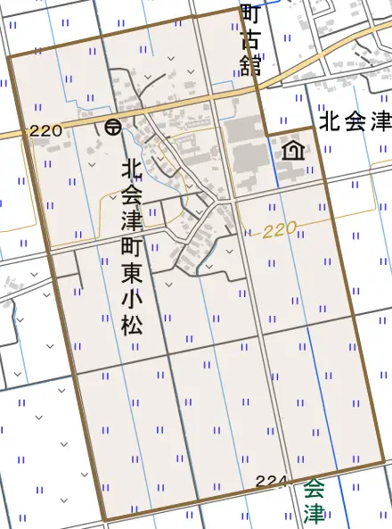 北会津町東小松とその周辺の地図。町の範囲を重ねている