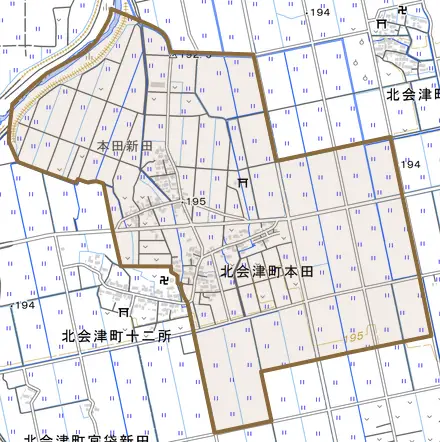 北会津町本田とその周辺の地図。町の範囲を重ねている
