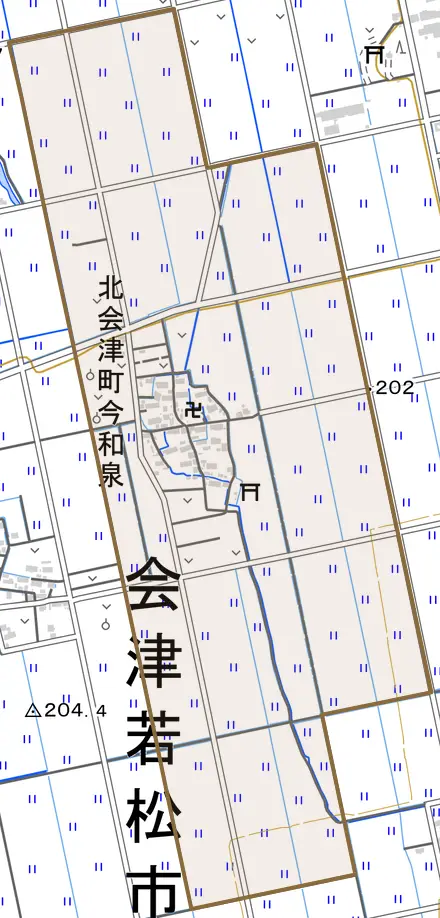 北会津町今和泉とその周辺の地図。町の範囲を重ねている