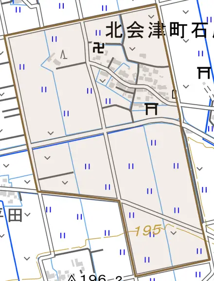 北会津町石原とその周辺の地図。町の範囲を重ねている