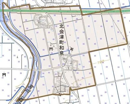 北会津町和泉とその周辺の地図。町の範囲を重ねている