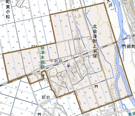 北会津町上米塚とその周辺の地図。町の範囲を重ねている