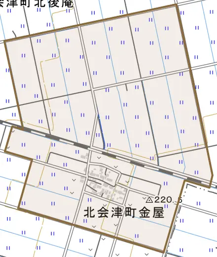 北会津町金屋とその周辺の地図。町の範囲を重ねている