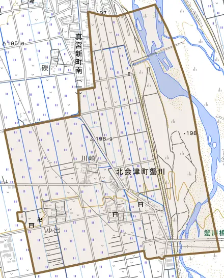 北会津町蟹川とその周辺の地図。町の範囲を重ねている