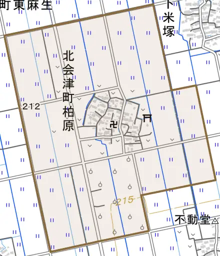 北会津町柏原とその周辺の地図。町の範囲を重ねている