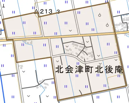 北会津町北後庵とその周辺の地図。町の範囲を重ねている