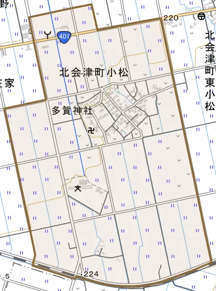 北会津町小松とその周辺の地図。町の範囲を重ねている