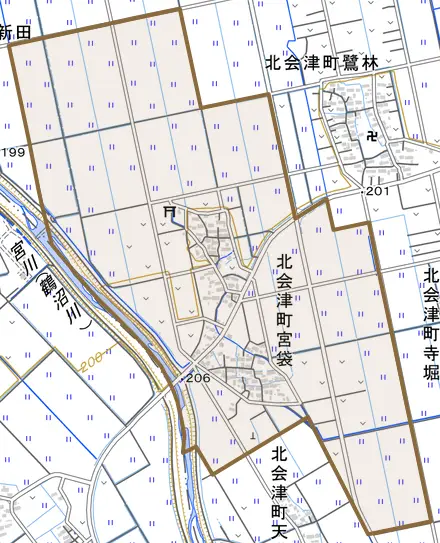 北会津町宮袋とその周辺の地図。町の範囲を重ねている