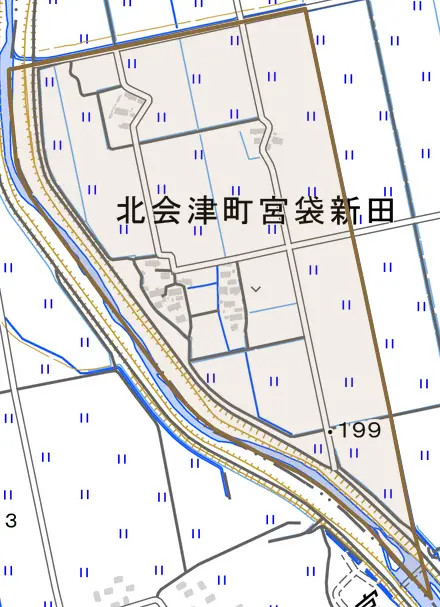 北会津町宮袋新田とその周辺の地図。町の範囲を重ねている