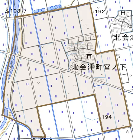 北会津町宮ノ下とその周辺の地図。町の範囲を重ねている