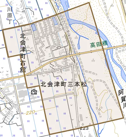 北会津町水季の里とその周辺の地図。町の範囲を重ねている
